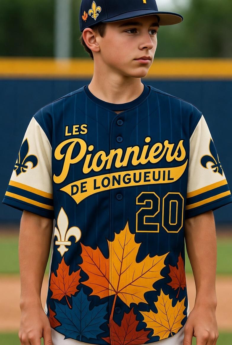 Navy Pionniers de Longueuil youth jersey with gold script, maple-leaf skirt, and fleur-de-lis sleeves