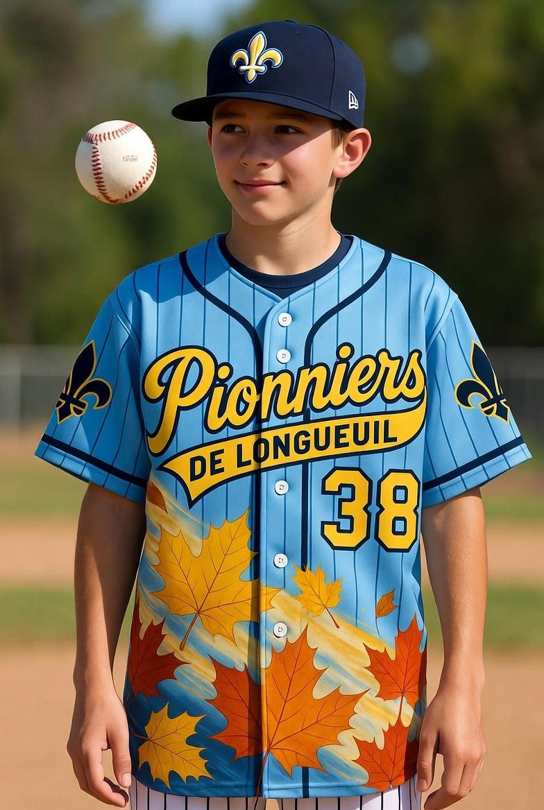 Sky-blue Pionniers de Longueuil youth jersey with gold script and maple-leaf skirt